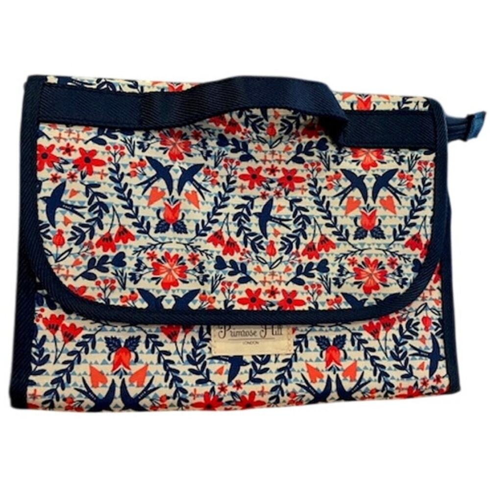 Primrose Hill London make-up bag, red & blue with bird print